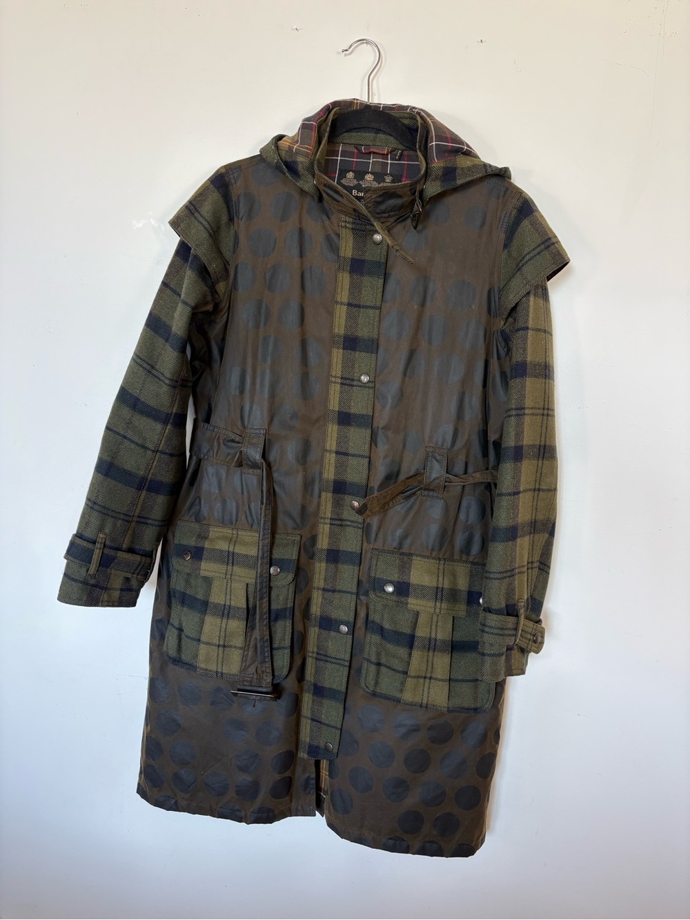Barbour Olive Plaid & Dot Print Hooded Trench Coat
